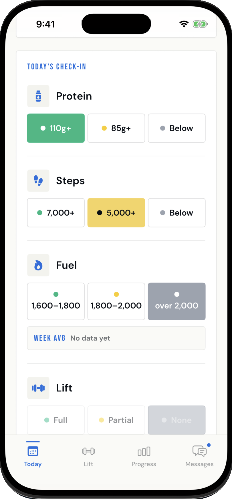 The Benny and Co. app: today's check-in for protein, steps, fuel and lift, each logged with one tap.